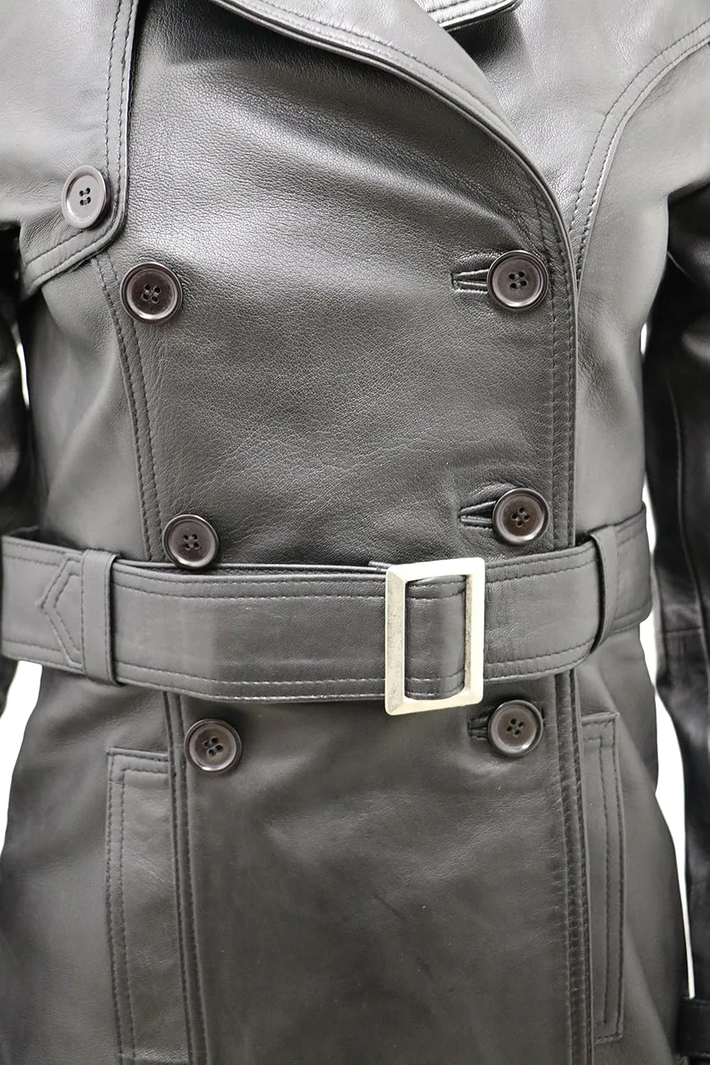 Women's 3/4 Black Ladies Lamb Nappa Leather Trench Coat