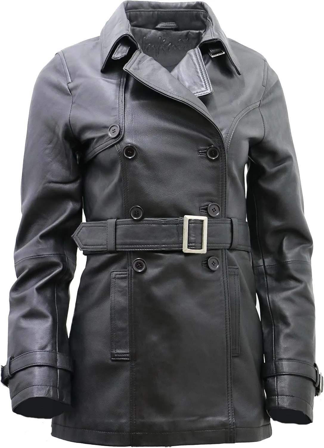 Women's 3/4 Black Ladies Lamb Nappa Leather Trench Coat