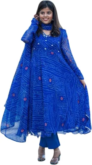 Women's Bandhani Print Anarkali Suit Set  Chiffon Kurta, Cotton Pants & Dupatta | V-Neck, Full Sleeves