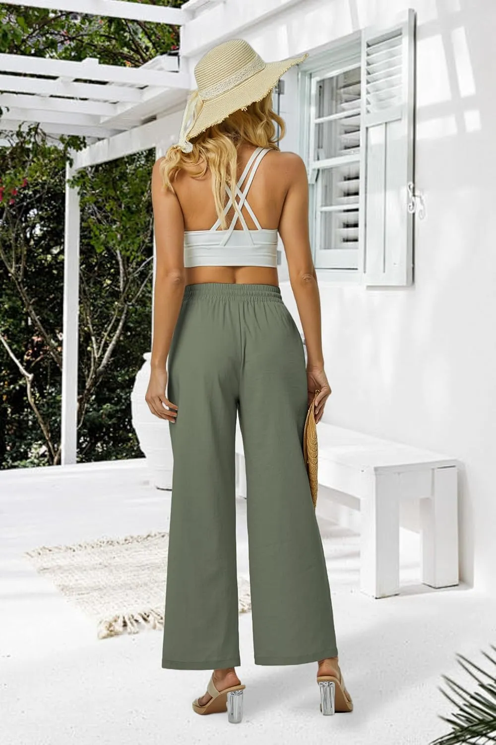 Women's Casual Linen Wide Leg Pants with Pockets Boho Palazzo High Waisted Drawstring Lounge Trousers
