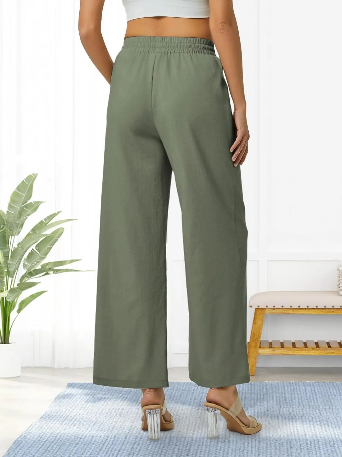 Women's Casual Linen Wide Leg Pants with Pockets Boho Palazzo High Waisted Drawstring Lounge Trousers