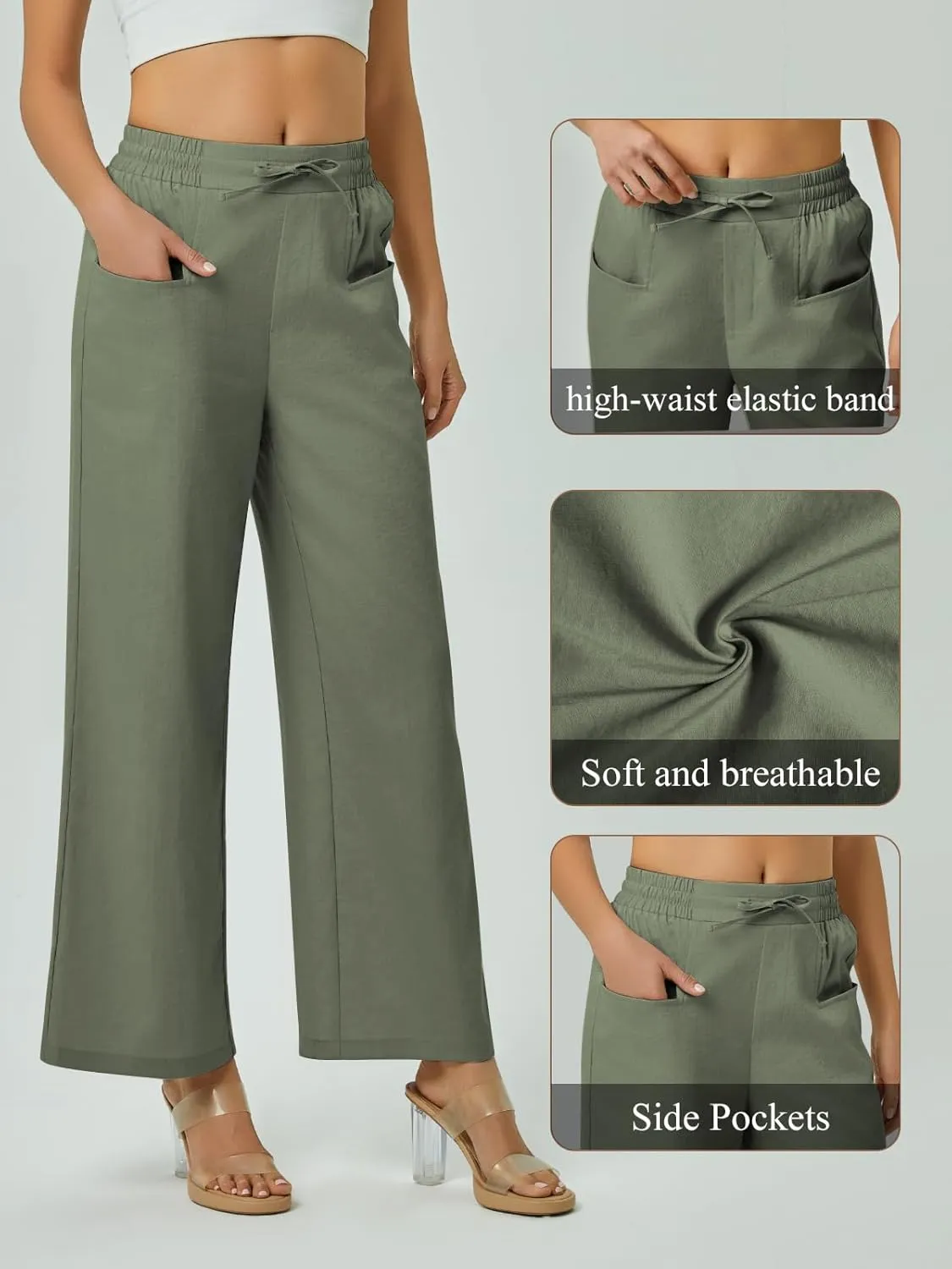 Women's Casual Linen Wide Leg Pants with Pockets Boho Palazzo High Waisted Drawstring Lounge Trousers