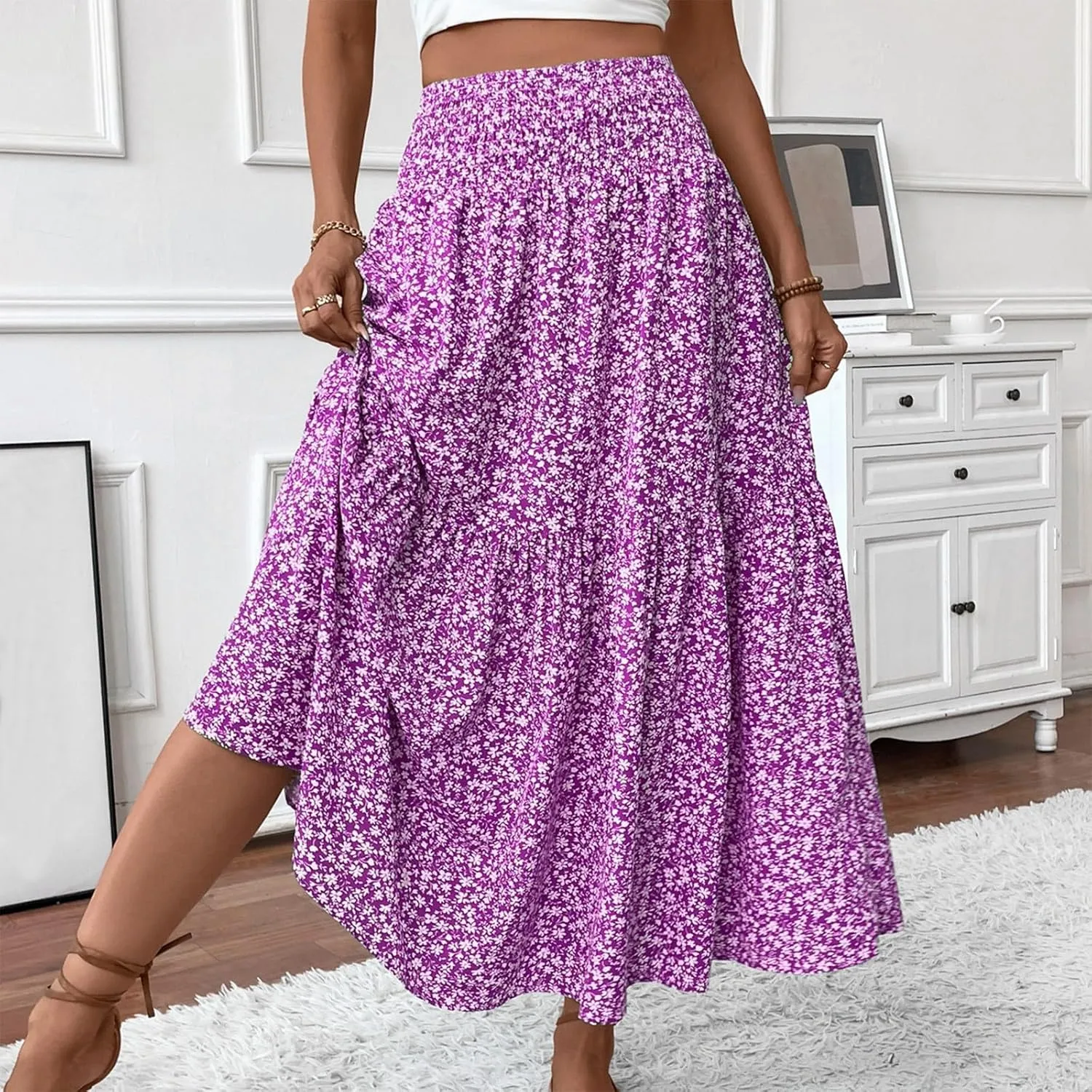 Women's Flowy Maxi Skirt Boho Summer Pleated High Waisted Casual Smocked Long Skirts with Pockets