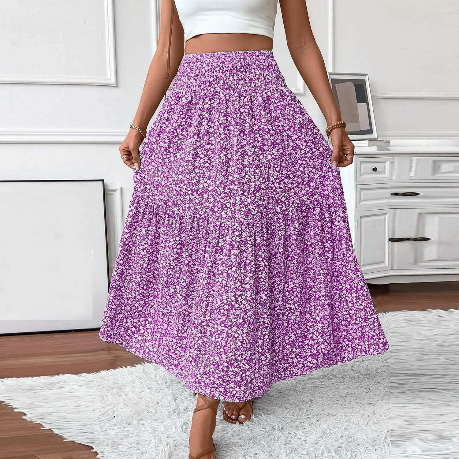 Women's Flowy Maxi Skirt Boho Summer Pleated High Waisted Casual Smocked Long Skirts with Pockets