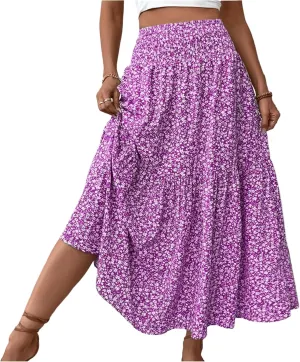 Women's Flowy Maxi Skirt Boho Summer Pleated High Waisted Casual Smocked Long Skirts with Pockets