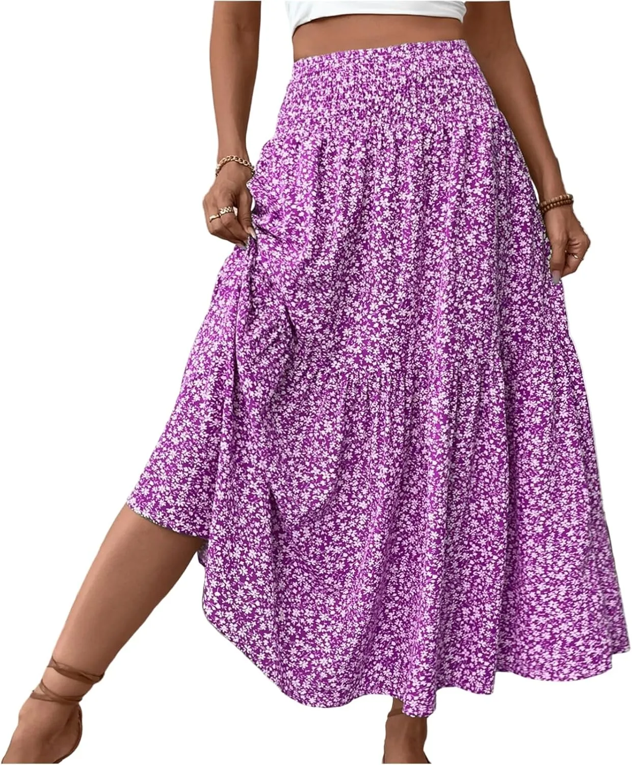 Women's Flowy Maxi Skirt Boho Summer Pleated High Waisted Casual Smocked Long Skirts with Pockets