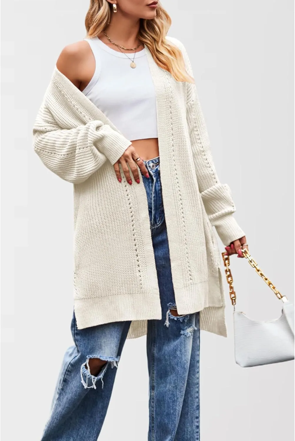 Women's Oversized Open Front Cardigan Lightweight Long Sleeve Knit Sweater with Pockets