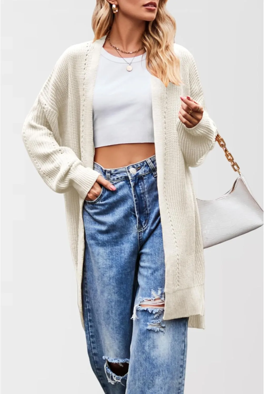 Women's Oversized Open Front Cardigan Lightweight Long Sleeve Knit Sweater with Pockets