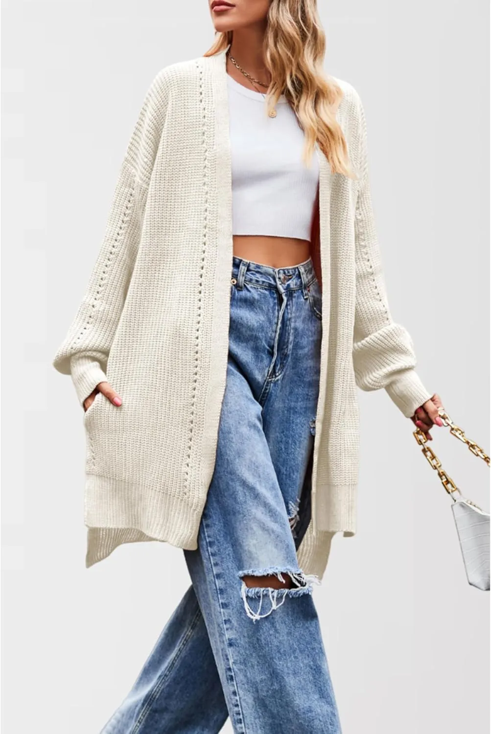 Women's Oversized Open Front Cardigan Lightweight Long Sleeve Knit Sweater with Pockets