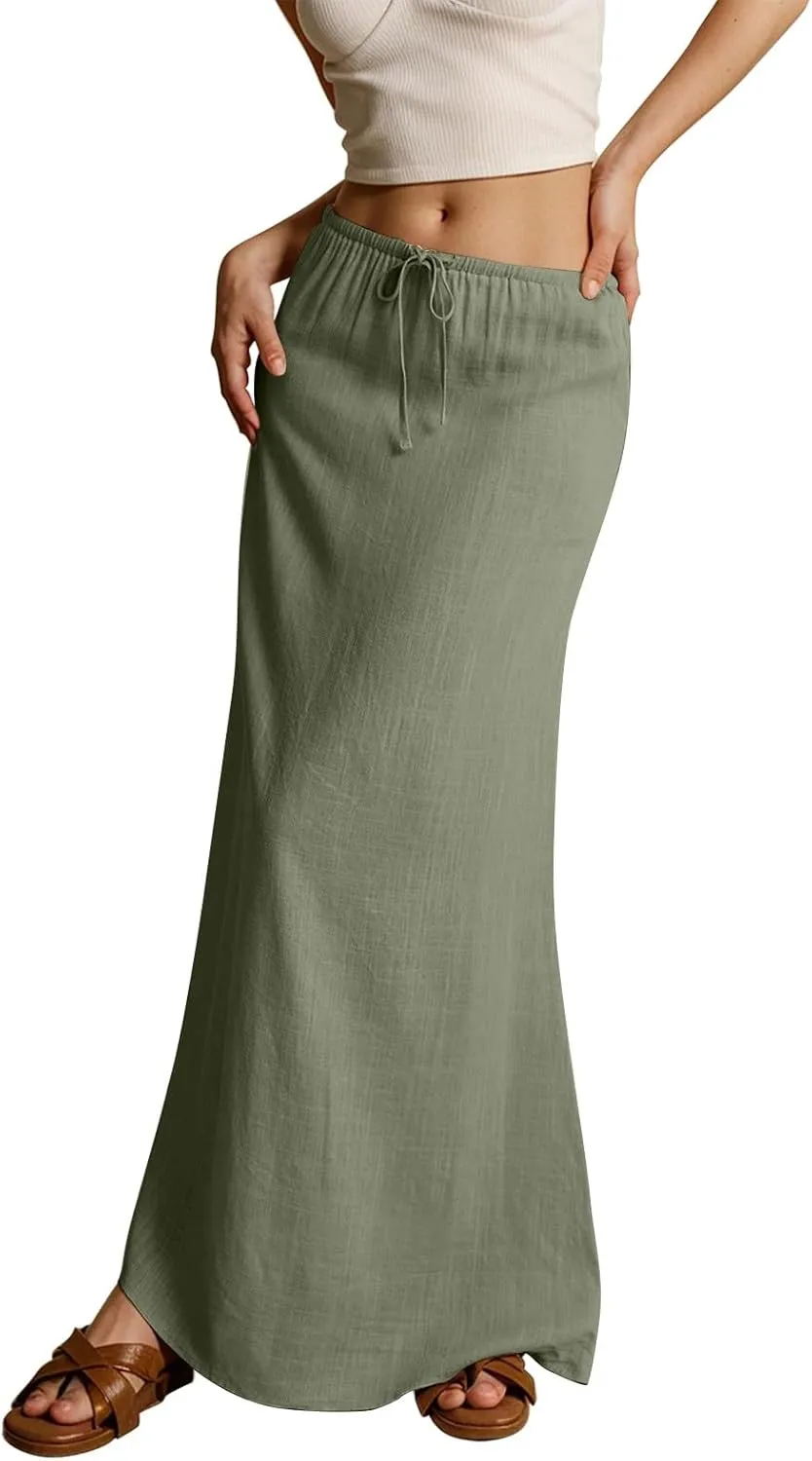 Women's Skirts Summer Long Flowy Skirts Plus Size Womens Linen Maxi Skirt with Slit Beach Comfy Drawstring Low Rise