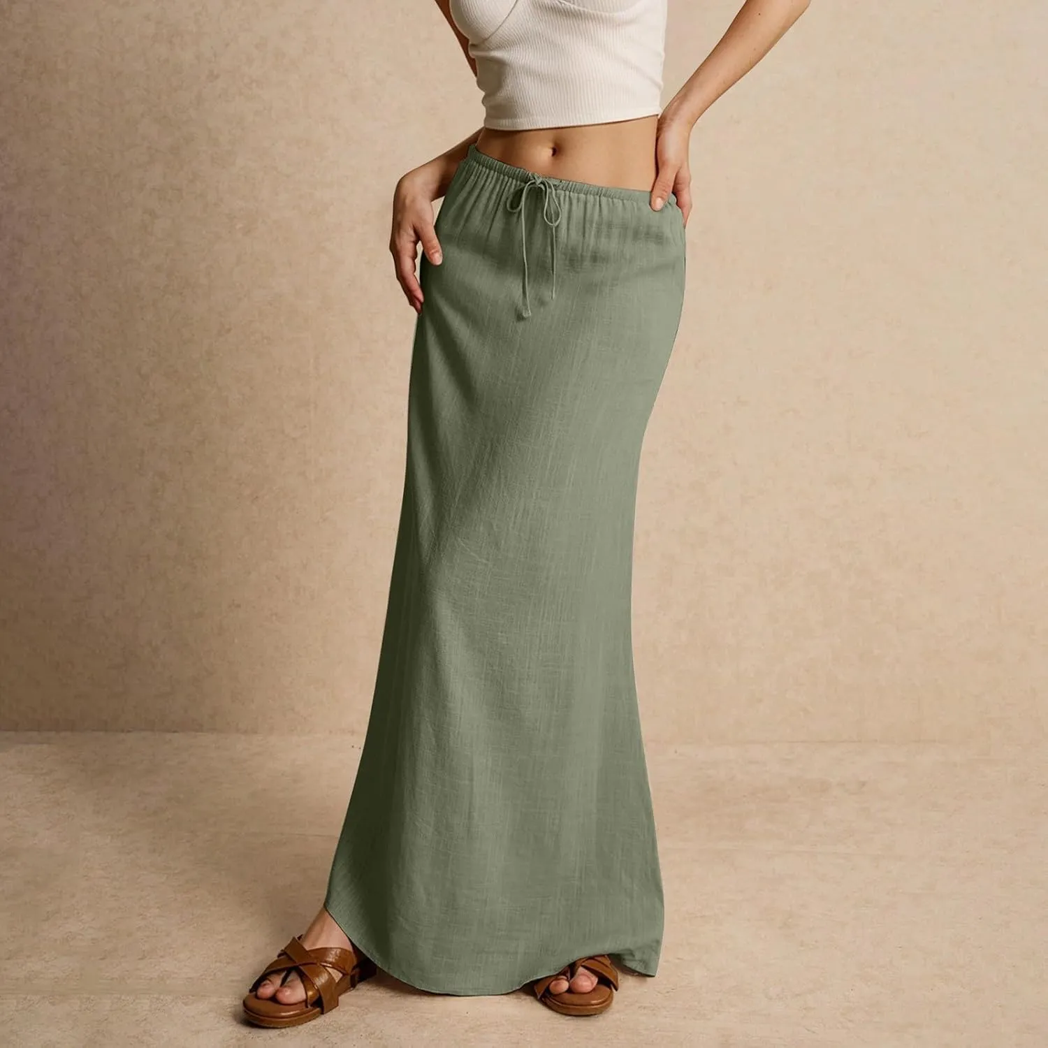 Women's Skirts Summer Long Flowy Skirts Plus Size Womens Linen Maxi Skirt with Slit Beach Comfy Drawstring Low Rise