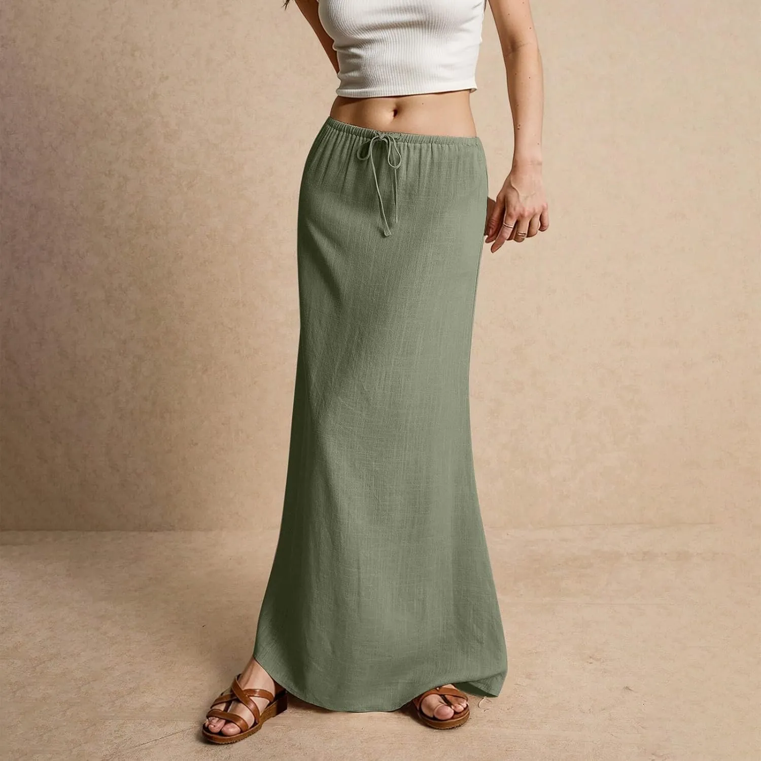 Women's Skirts Summer Long Flowy Skirts Plus Size Womens Linen Maxi Skirt with Slit Beach Comfy Drawstring Low Rise