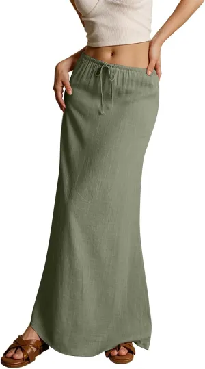 Women's Skirts Summer Long Flowy Skirts Plus Size Womens Linen Maxi Skirt with Slit Beach Comfy Drawstring Low Rise