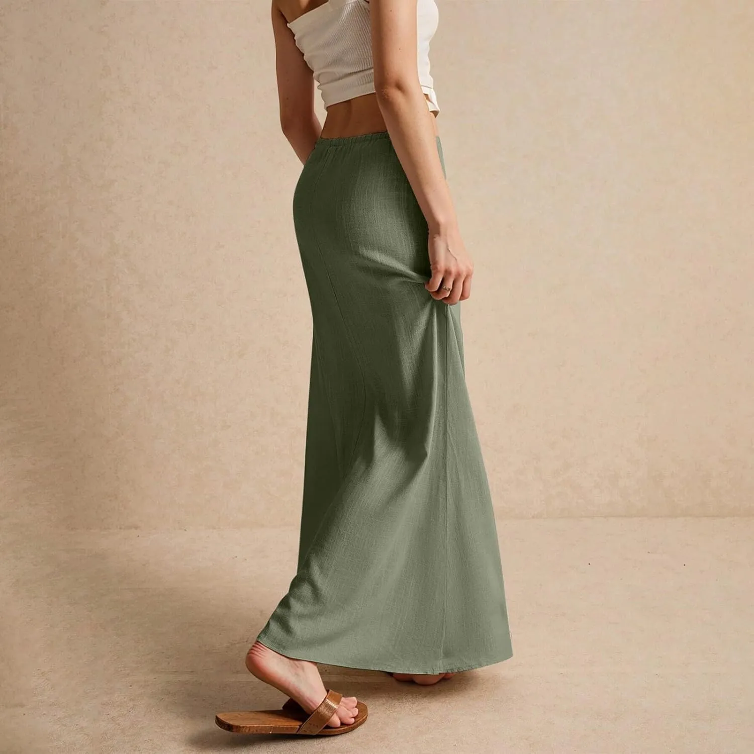 Women's Skirts Summer Long Flowy Skirts Plus Size Womens Linen Maxi Skirt with Slit Beach Comfy Drawstring Low Rise