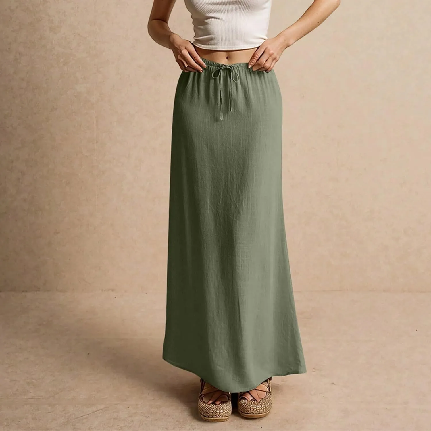 Women's Skirts Summer Long Flowy Skirts Plus Size Womens Linen Maxi Skirt with Slit Beach Comfy Drawstring Low Rise