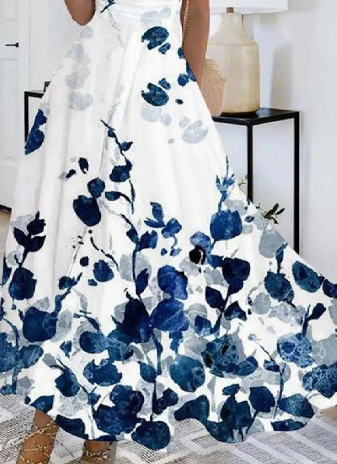 Women's Unique Plant Print V-Neck Sleeveless Maxi Dress Summer Casual A-Line Flowy Tank Dresses Elegant Sundress