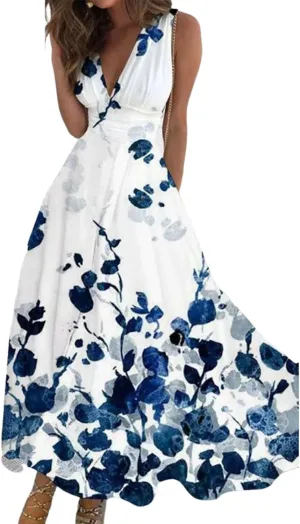 Women's Unique Plant Print V-Neck Sleeveless Maxi Dress Summer Casual A-Line Flowy Tank Dresses Elegant Sundress