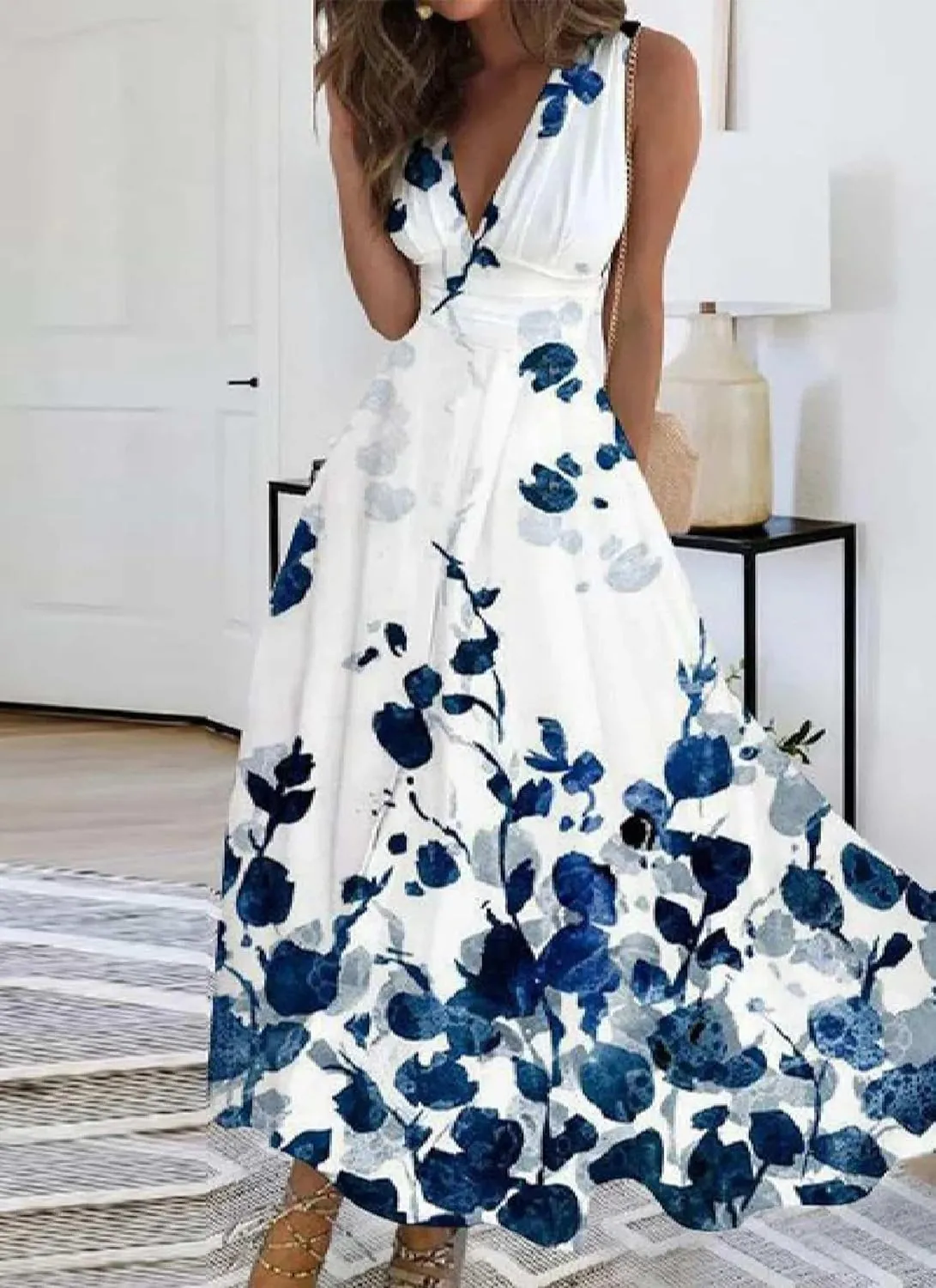 Women's Unique Plant Print V-Neck Sleeveless Maxi Dress Summer Casual A-Line Flowy Tank Dresses Elegant Sundress