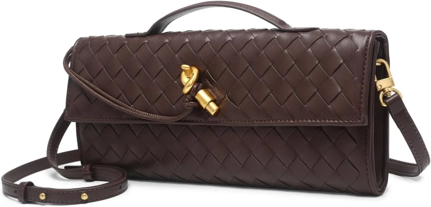 Woven Clutch Purses For Women, Woven Leather Crossbody Bag Purse Rectangle Clutch Bag & Unique Gold Knot Closure