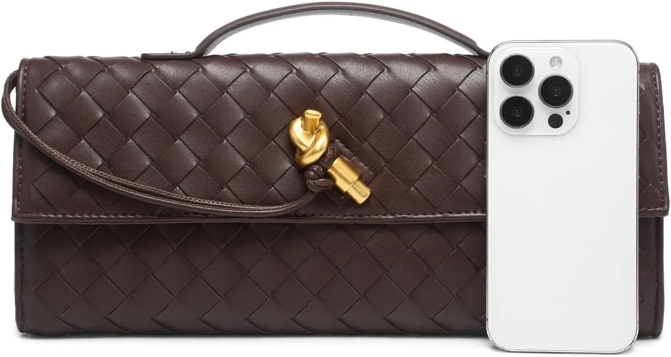 Woven Clutch Purses For Women, Woven Leather Crossbody Bag Purse Rectangle Clutch Bag & Unique Gold Knot Closure