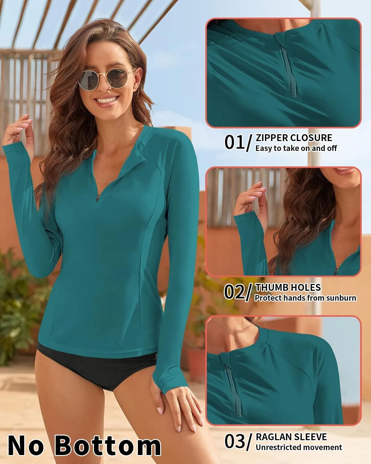 WOWENY Women Rash Guard Long Sleeve UPF 50 Swim Shirts SPF Sun Protection Swimsuit Top No Bottom