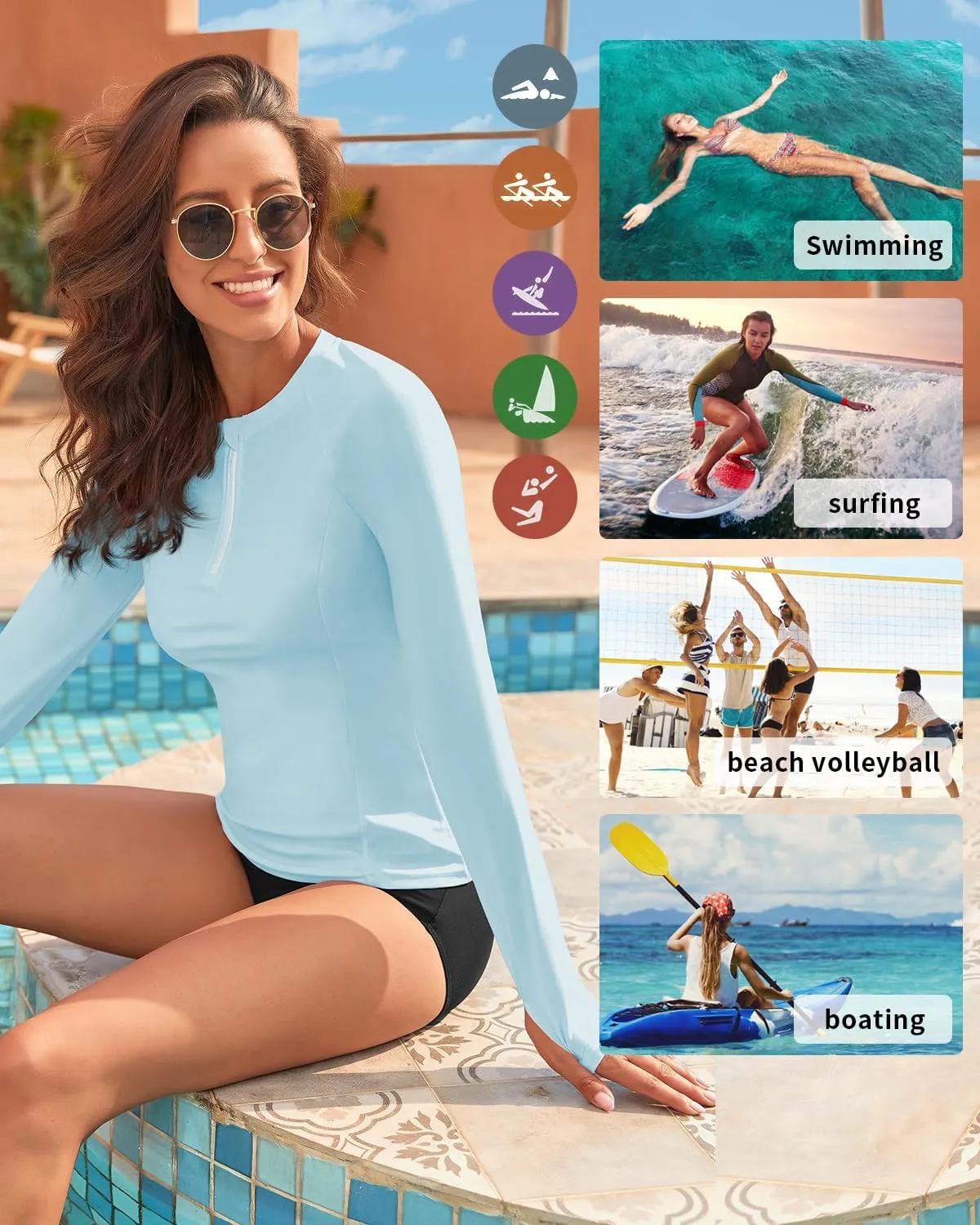 WOWENY Women Rash Guard Long Sleeve UPF 50 Swim Shirts SPF Sun Protection Swimsuit Top No Bottom