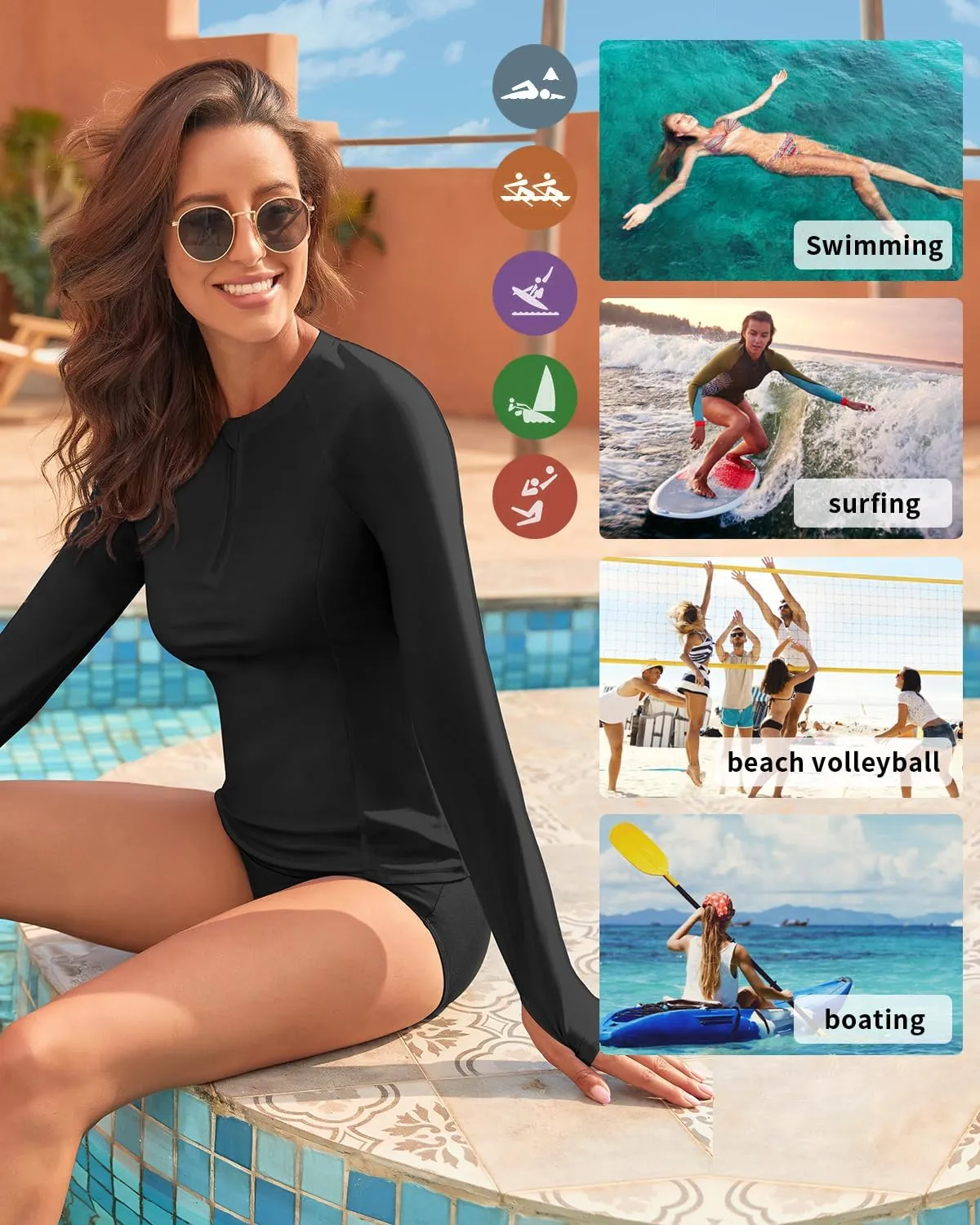 WOWENY Women Rash Guard Long Sleeve UPF 50 Swim Shirts SPF Sun Protection Swimsuit Top No Bottom