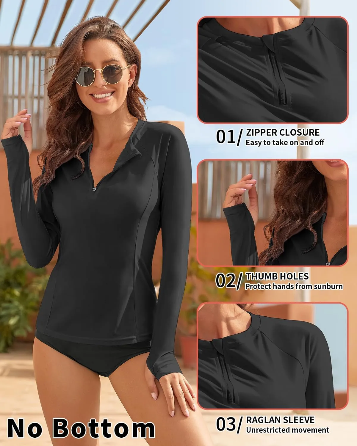 WOWENY Women Rash Guard Long Sleeve UPF 50 Swim Shirts SPF Sun Protection Swimsuit Top No Bottom