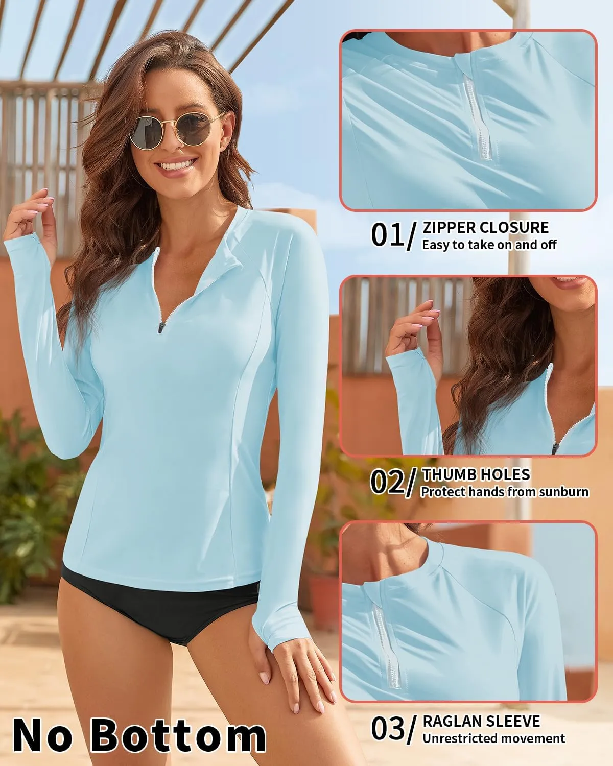 WOWENY Women Rash Guard Long Sleeve UPF 50 Swim Shirts SPF Sun Protection Swimsuit Top No Bottom