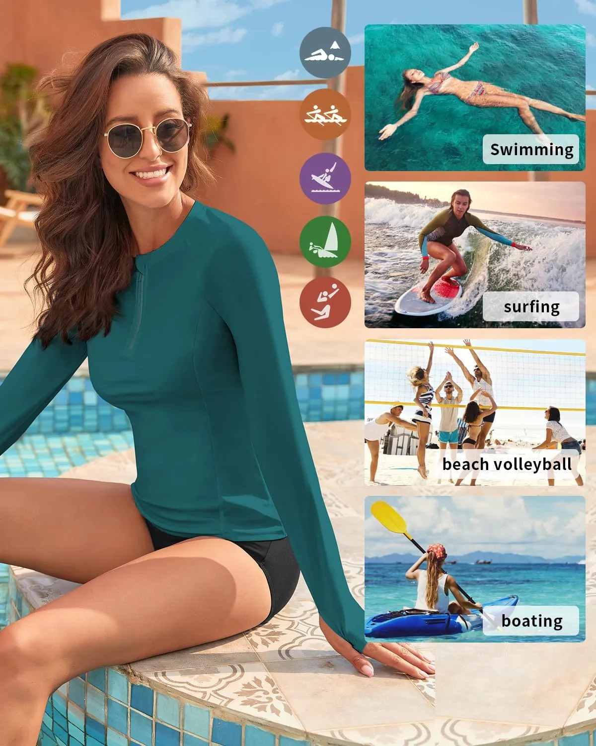 WOWENY Women Rash Guard Long Sleeve UPF 50 Swim Shirts SPF Sun Protection Swimsuit Top No Bottom
