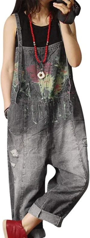 YESNO P60 Women Jeans Cropped Pants Overalls Jumpsuits Hand Painted Poled Distressed Casual Loose Fit