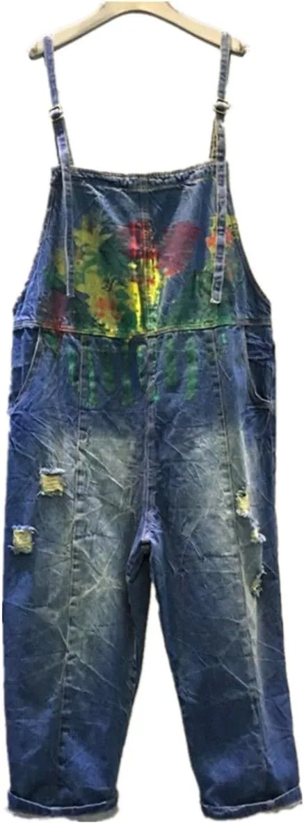 YESNO P60 Women Jeans Cropped Pants Overalls Jumpsuits Hand Painted Poled Distressed Casual Loose Fit