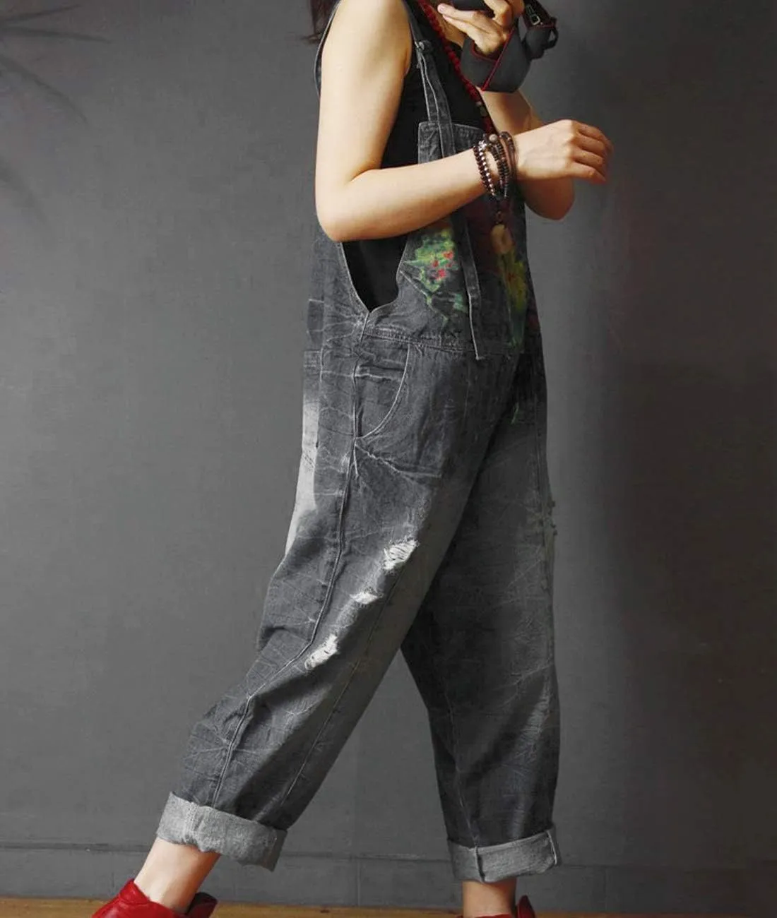 YESNO P60 Women Jeans Cropped Pants Overalls Jumpsuits Hand Painted Poled Distressed Casual Loose Fit