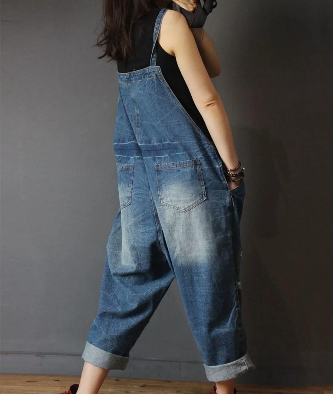 YESNO P60 Women Jeans Cropped Pants Overalls Jumpsuits Hand Painted Poled Distressed Casual Loose Fit
