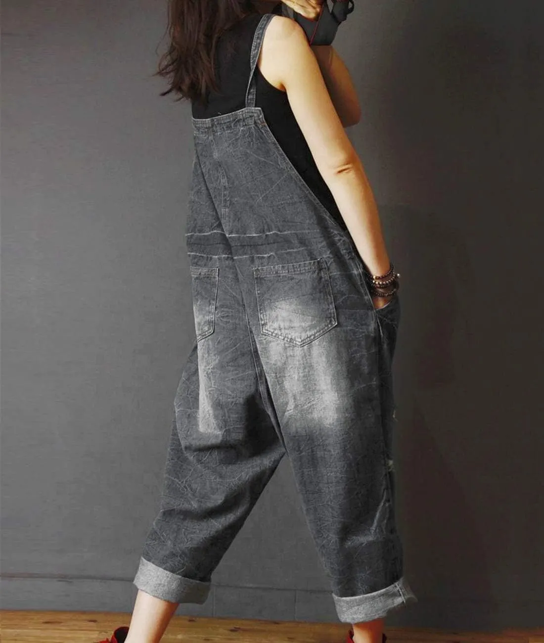 YESNO P60 Women Jeans Cropped Pants Overalls Jumpsuits Hand Painted Poled Distressed Casual Loose Fit