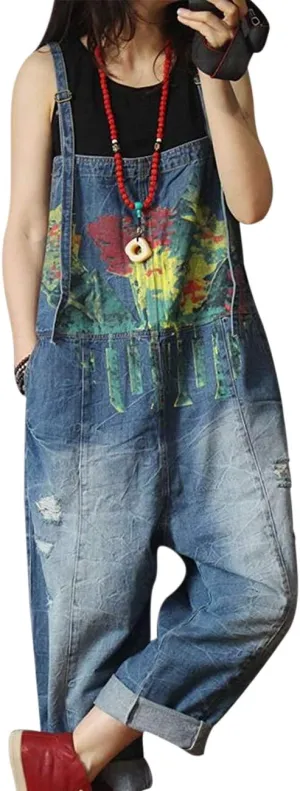 YESNO P60 Women Jeans Cropped Pants Overalls Jumpsuits Hand Painted Poled Distressed Casual Loose Fit