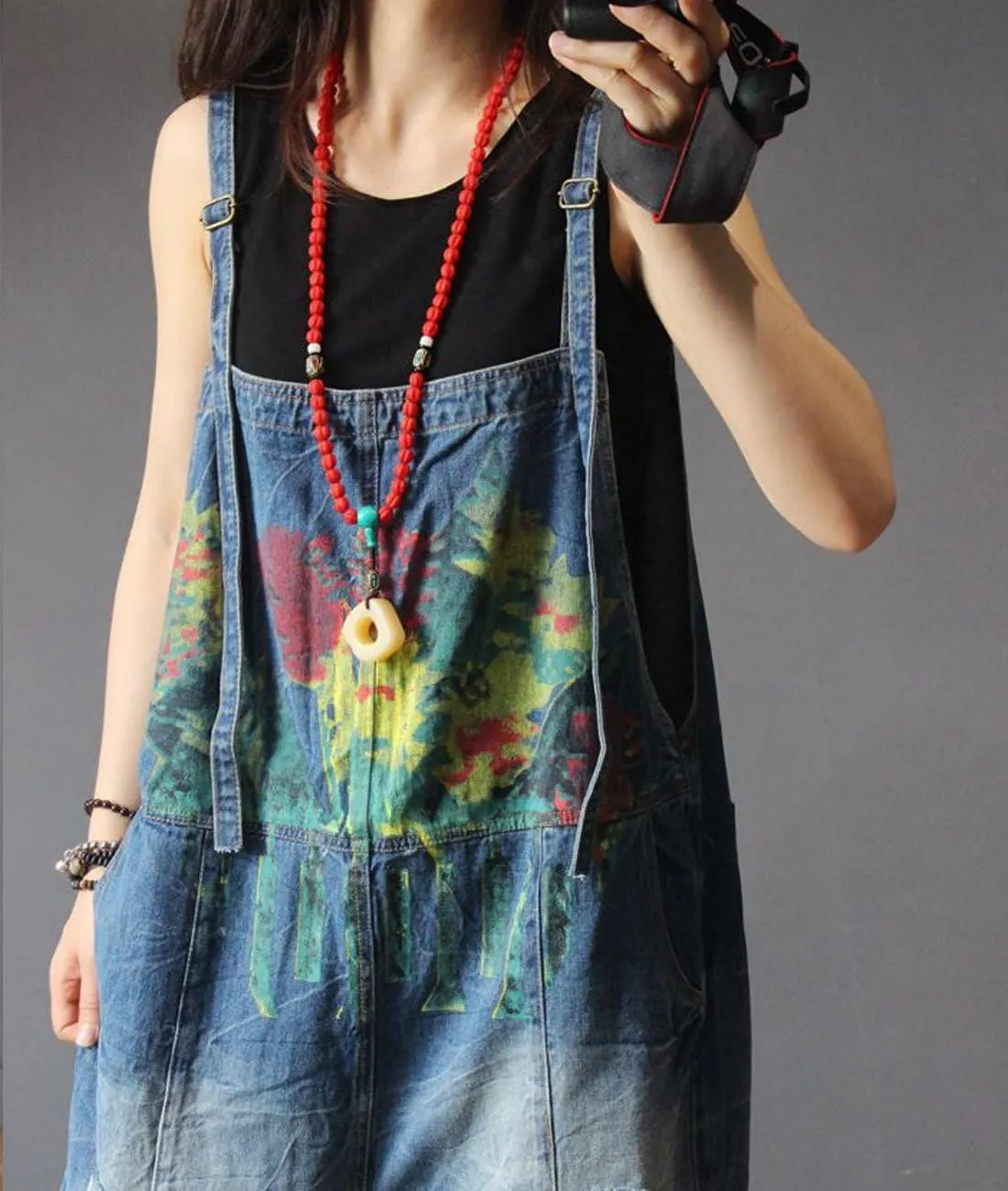 YESNO P60 Women Jeans Cropped Pants Overalls Jumpsuits Hand Painted Poled Distressed Casual Loose Fit