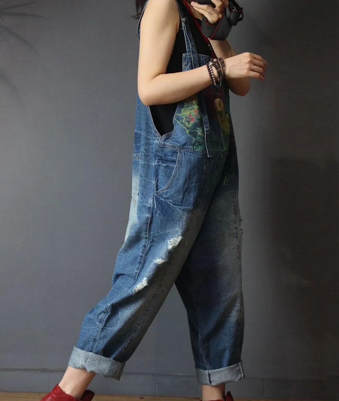 YESNO P60 Women Jeans Cropped Pants Overalls Jumpsuits Hand Painted Poled Distressed Casual Loose Fit