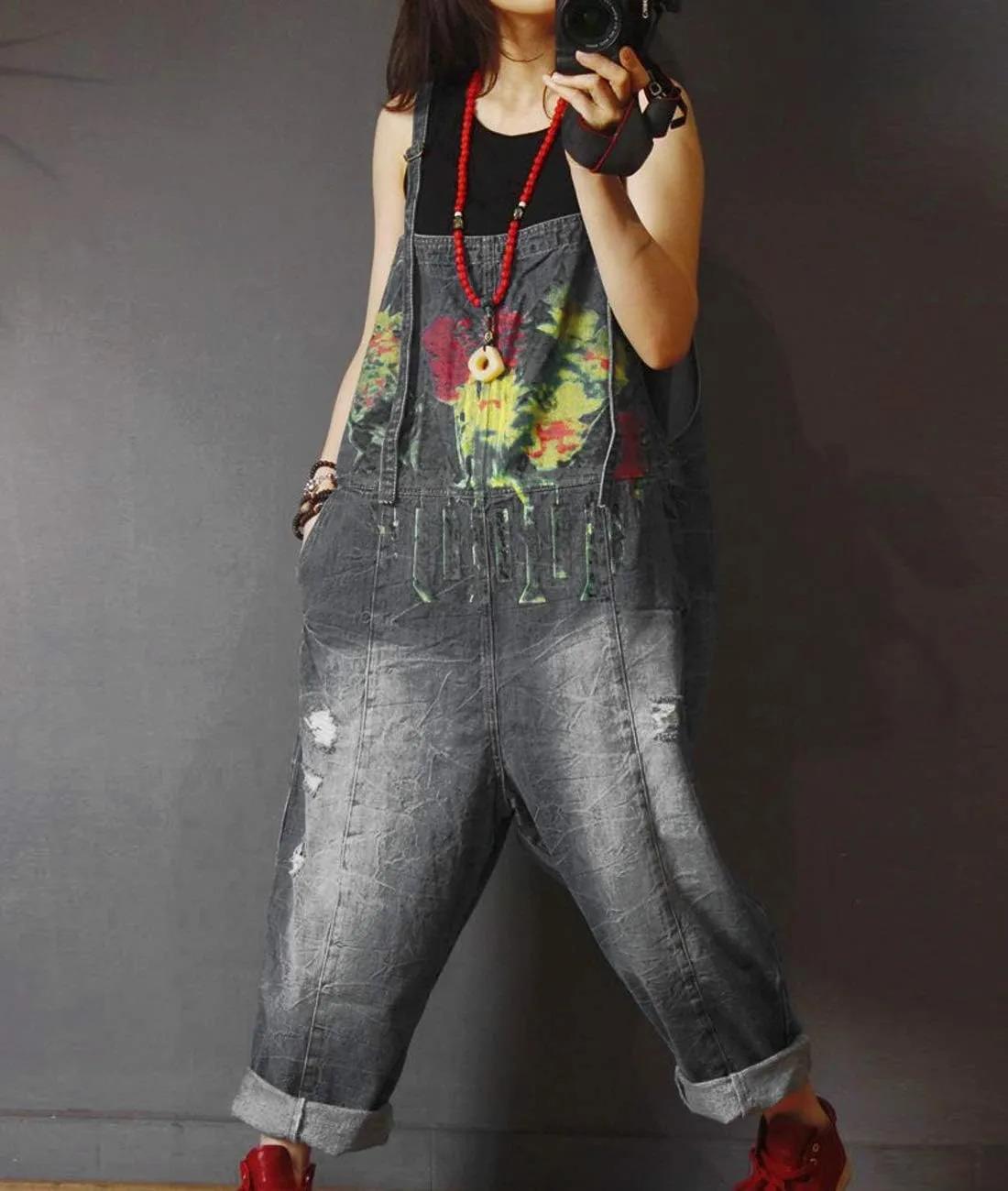 YESNO P60 Women Jeans Cropped Pants Overalls Jumpsuits Hand Painted Poled Distressed Casual Loose Fit