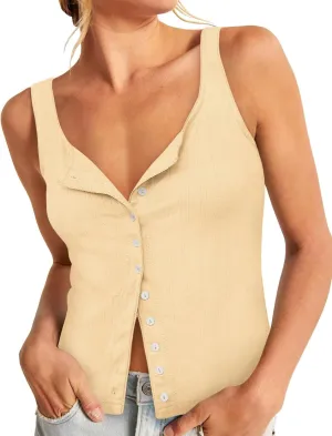 Yousify Womens Fitted Tank Tops Cami Trendy Knit Cropped Knitted Vest Button Down Square Neck Ribbed Strappy Henley Shirt