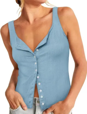 Yousify Womens Fitted Tank Tops Cami Trendy Knit Cropped Knitted Vest Button Down Square Neck Ribbed Strappy Henley Shirt