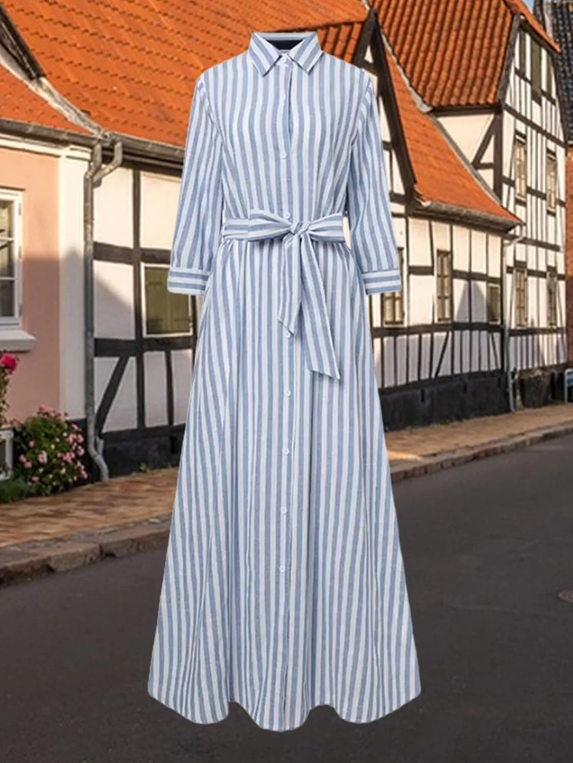 Zcargel Womens Robe Striped High-End Cotton Linen Cardigan Casual Belted Fairy Skirt Design