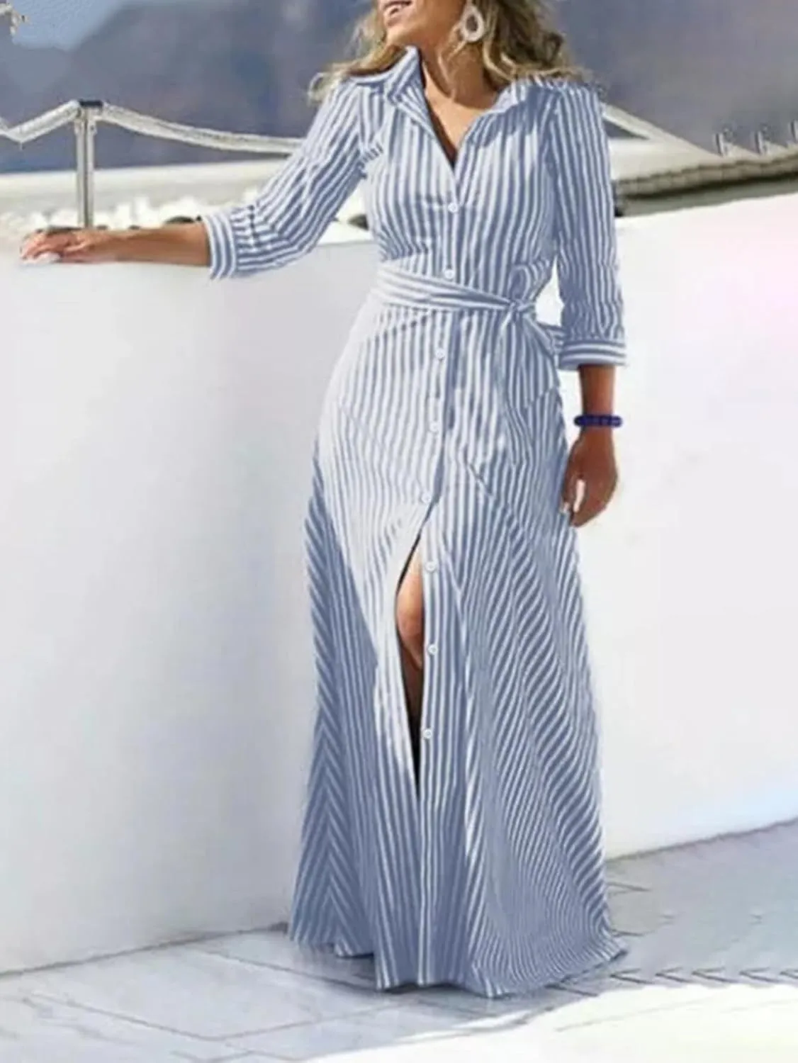 Zcargel Womens Robe Striped High-End Cotton Linen Cardigan Casual Belted Fairy Skirt Design