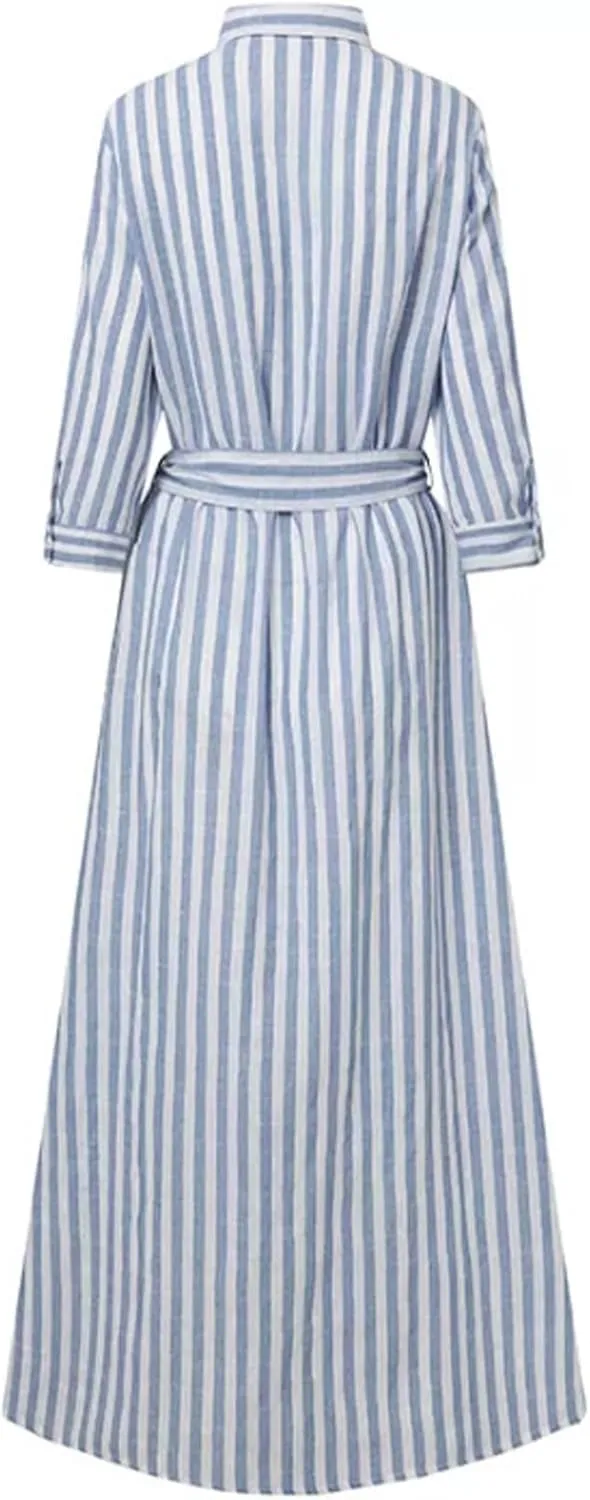 Zcargel Womens Robe Striped High-End Cotton Linen Cardigan Casual Belted Fairy Skirt Design