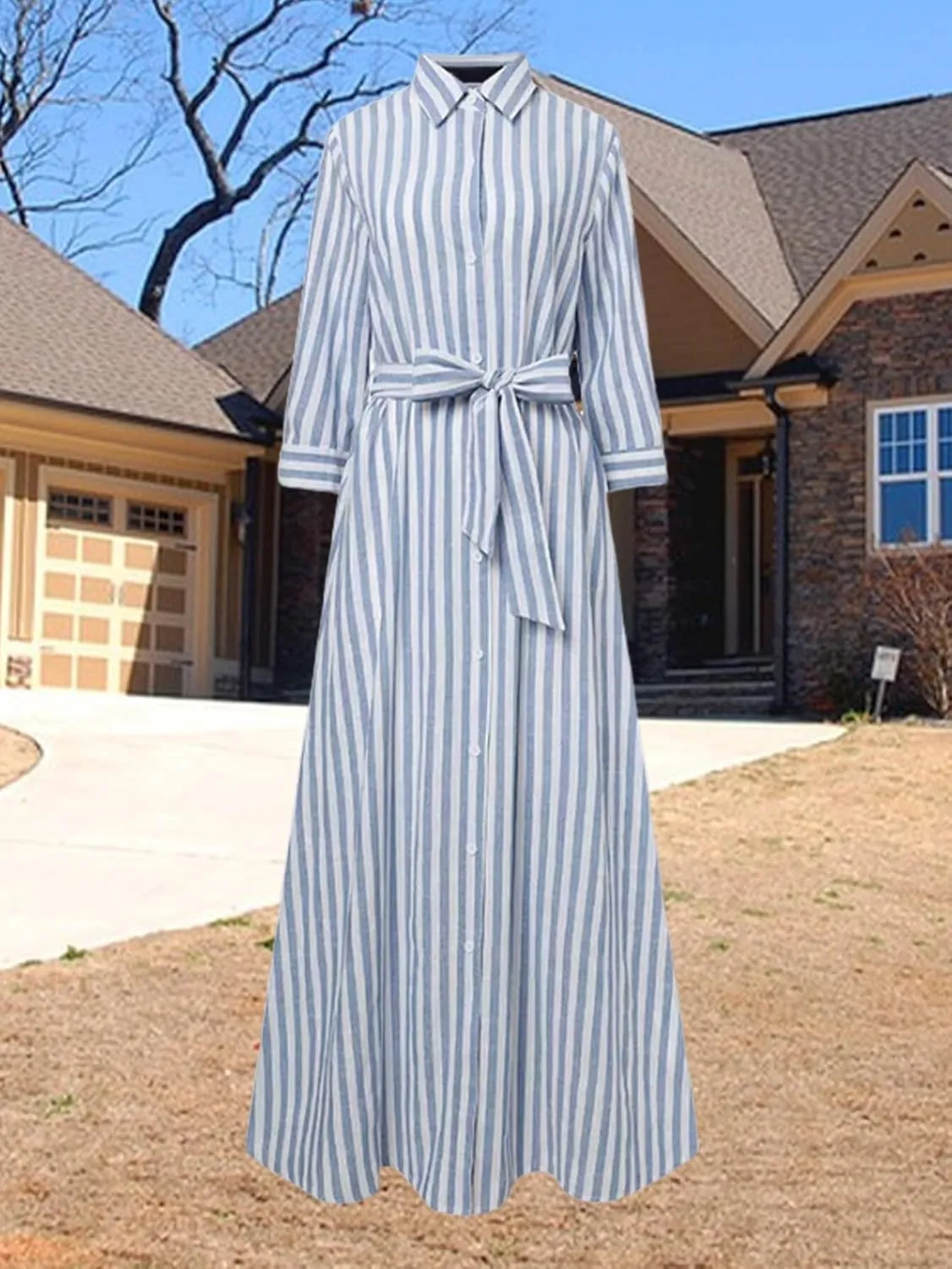 Zcargel Womens Robe Striped High-End Cotton Linen Cardigan Casual Belted Fairy Skirt Design