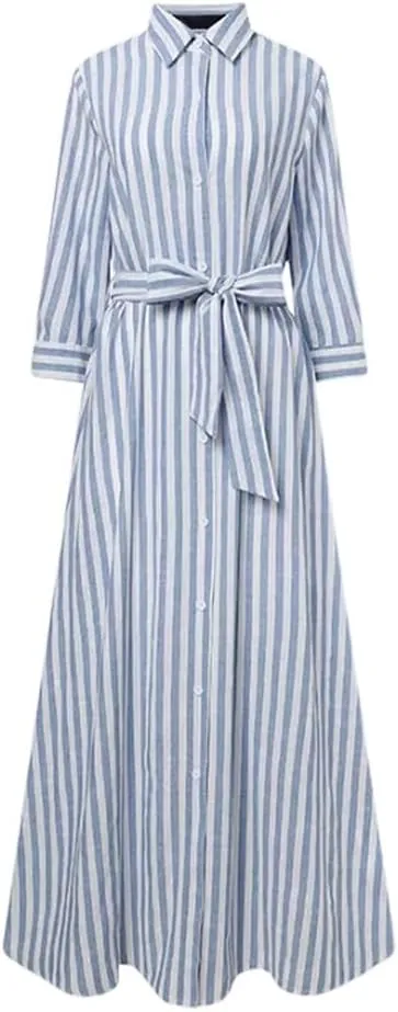 Zcargel Womens Robe Striped High-End Cotton Linen Cardigan Casual Belted Fairy Skirt Design