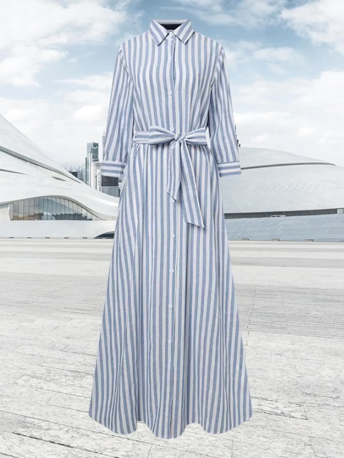 Zcargel Womens Robe Striped High-End Cotton Linen Cardigan Casual Belted Fairy Skirt Design