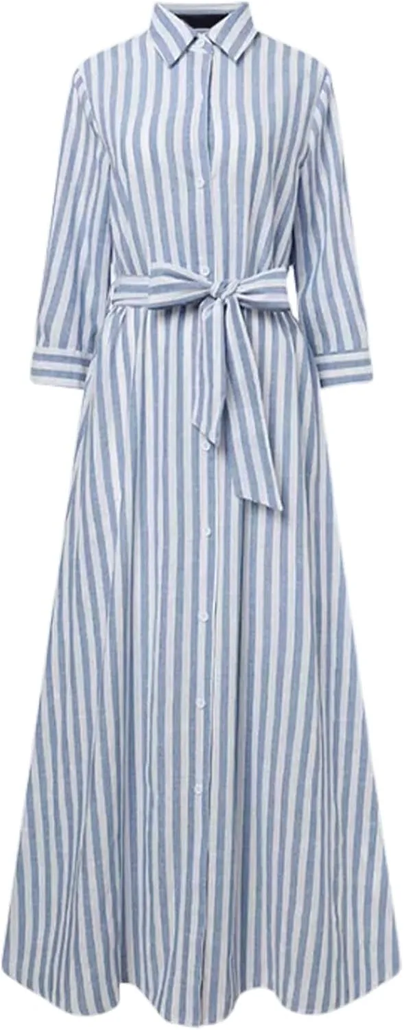 Zcargel Womens Robe Striped High-End Cotton Linen Cardigan Casual Belted Fairy Skirt Design