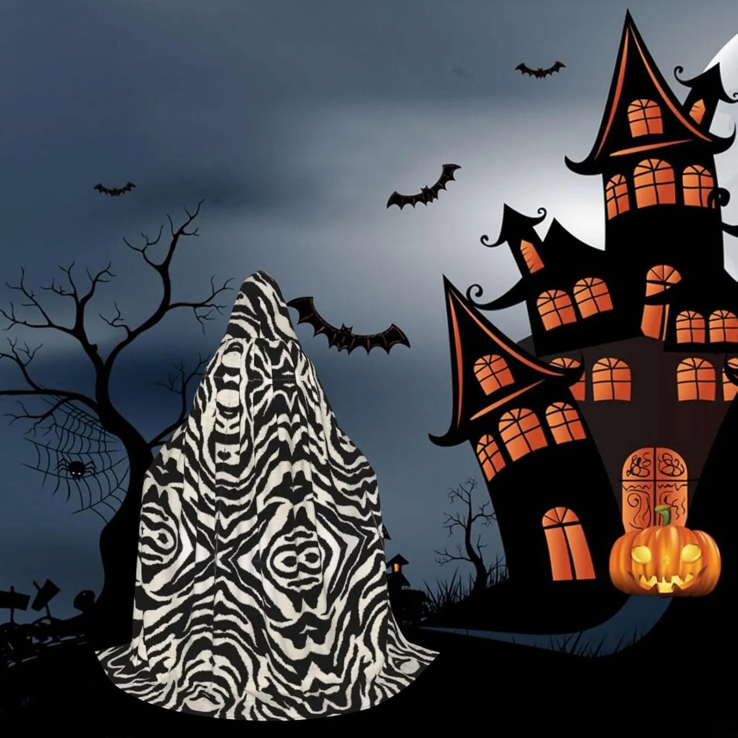 Zebra Animal Print Full-Length Hooded Cloak, Unisex Cloak, Witch Wizard Cape,For Halloween Cosplay Party