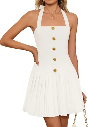 ZESICA Womens Summer Sleeveless Mini Dress 2025 Halter Neck Backless A Line Swing Pleated Short Party Dresses
